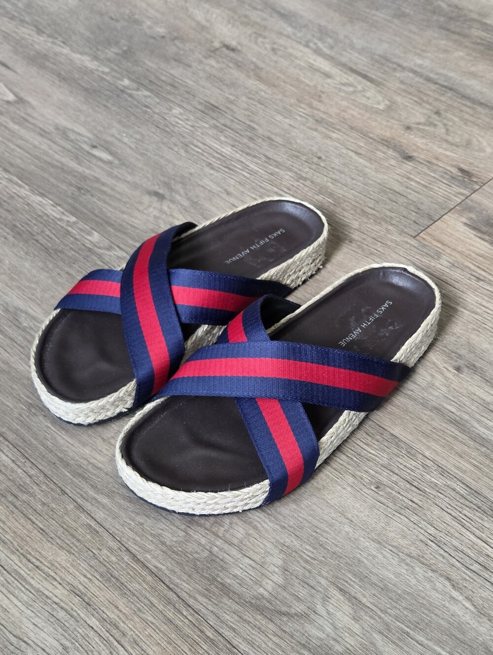 SAKS FIFTH AVENUE Navy & Red Crisscross Espadrille Slides